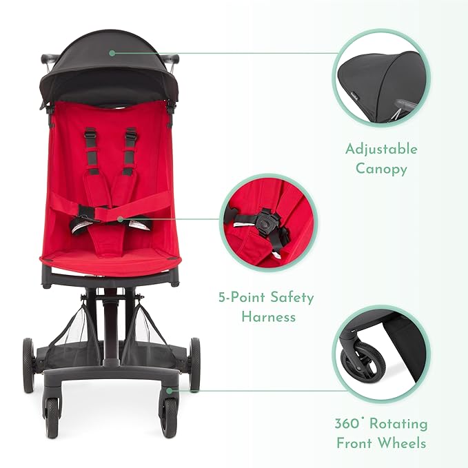 Evolur Roamer Ultra Light Stroller in Red, Travel-Ready Compact Stroller with One-Hand Fold, 33 lb Capacity, Sun Canopy & Cup Holder, Easy Clean, Smooth Ride for Everyday Use