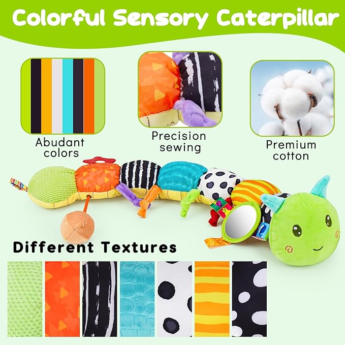 Baby Sensory Toy 0-6 Month Music Animal Stuffed Plush Caterpillar Toy for Infant 0-3-6 Month Tummy Time with Baby Mirror Crinkle Rattle for 6-12 Month Carseat Toys for Newborn Boys Girls Shower Gifts