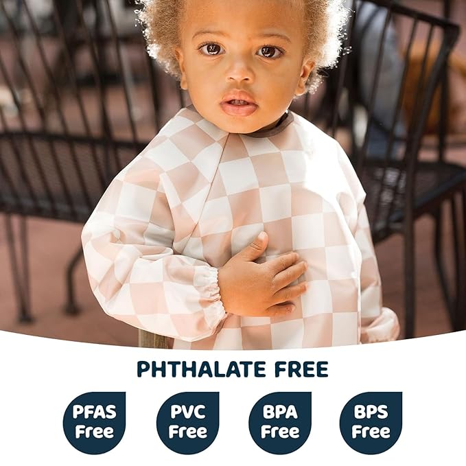 Tiny Twinkle Mess Proof Baby Bibs, 2pk Waterproof Smock Baby Bibs for Eating, Machine Washable Long Sleeve Bibs, Baby Led Weaning, Toddler Bibs, BLW Supplies (Pink,Beige Checkers, Small 6-24 Months)