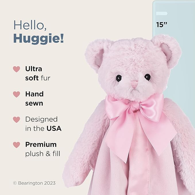 Bearington Baby Huggie Bear Snuggler, 15 Inch Pink Teddy Plush Stuffed Animal Security Blanket Lovey for Babies - Teddy Bear Blanket