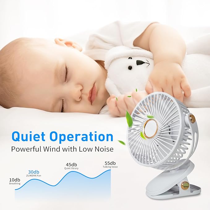 HUO JI Portable Clip on Fan 5 Speeds 360° Dual Rotation Brushless Motor Ultra Quiet <20dB LED Light USB Rechargeable