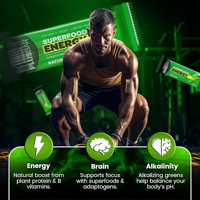 Greens+ Plusbar Energy, Natural, Gluten-Free Snack with Super Greens, Superfoods & Almond Butter, Vegan, Dairy-Free, Non-GMO, 10g Protein Meal Replacement, 12 Pack