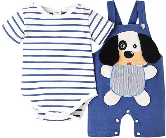 Baby Boy Clothes Newborn Outfits Stripe Romper Infant Cartoon Overall Adjustable Suspender Pants Set 0-18 Months