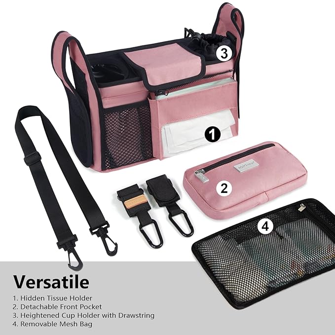 TOPDesign Universal Baby Stroller Organizer, Stroller Caddy with Detachable Mesh Bag & Heightened Insulated Cup Holders & Non-Slip Secure Hooks Accessories, Fits Most Strollers (Pink)