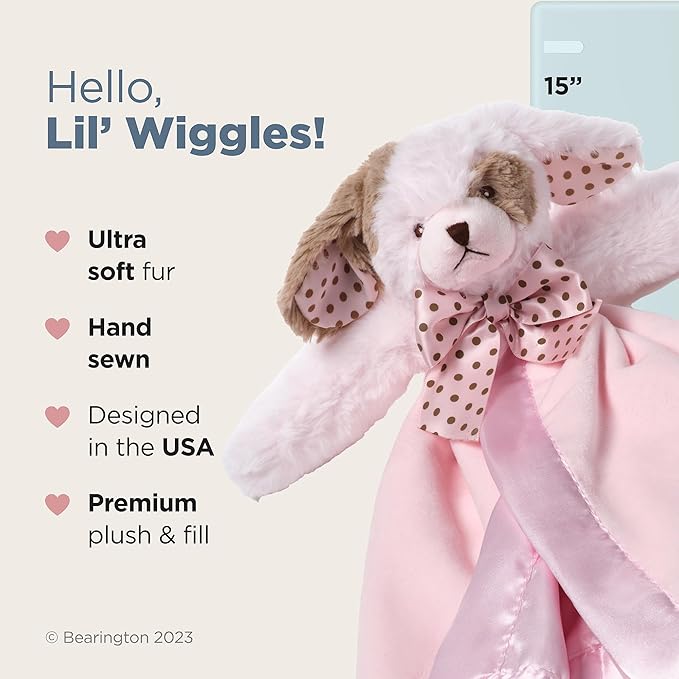 Bearington Baby Wiggles Snuggler, 15 Inch Pink Puppy Dog Plush Stuffed Animal Security Blanket Lovey for Babies