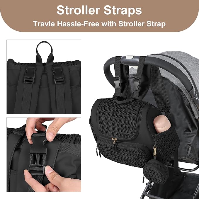 Geestock Diaper Bag Small Diaper Backpack, Stylish Quilted Baby Backpacks, Mini Maternity Bags, with Changing Pad, Pacifier Case & Stroller Straps, Parents Essentials Diaper Bag, Black