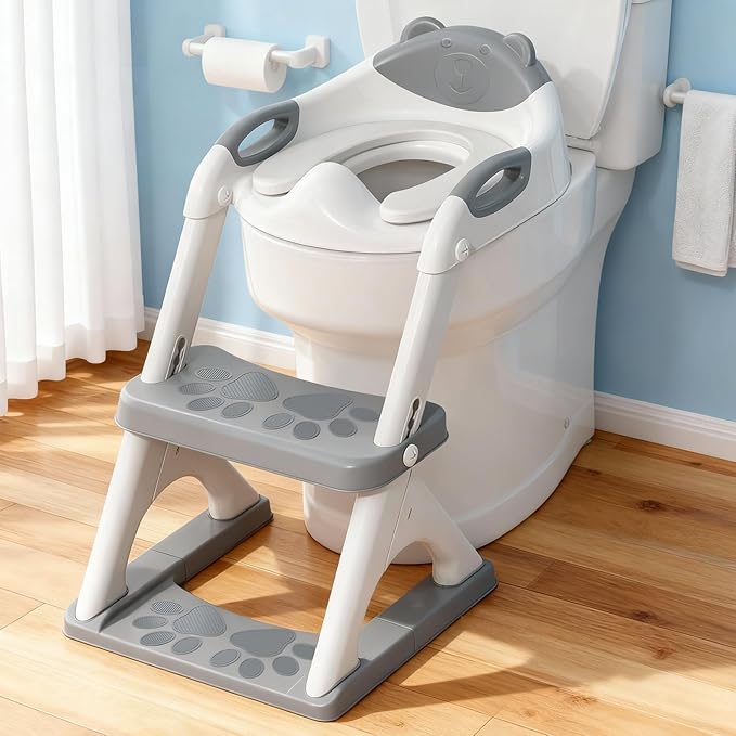 Potty Training Seat, SKYROKU Upgrade Toddler Toilet Seat for Kids Boys Girls, 2 in 1 Potty Training Toilet, Splash Guard Anti-Slip Pad Step Stool,New Sector-Shape Stabilized Base and heavier (Grey)