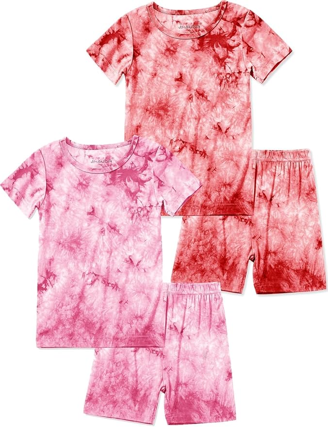 Jimonda Kids Soft Rayon From Bamboo Sleepwear Short Sleeve Boys Girls Pajama Outdoor 4-Piece tops&shorts Casual sets Tie PJ