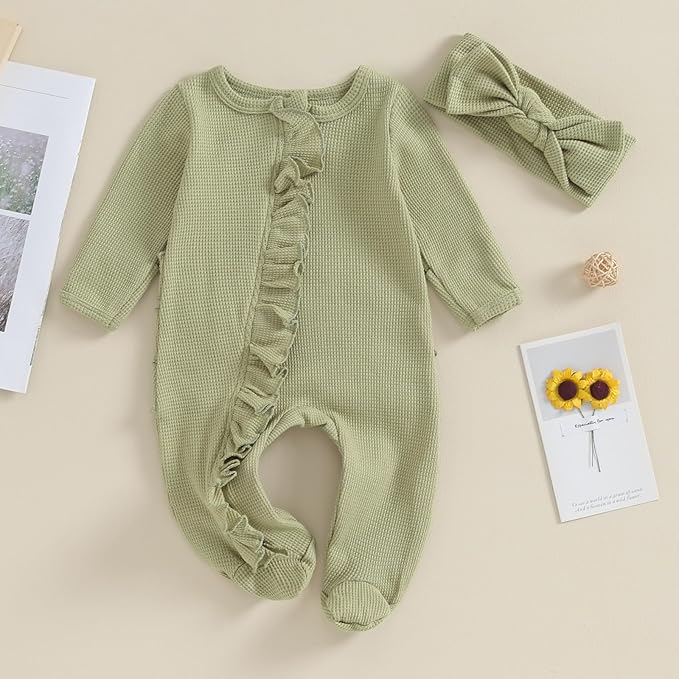 Newborn Girl Clothes Baby Girl Coming Home Outfit Zipper One-piece Outfits Ruffle Footie Bodysuit Jumpsuit Headband
