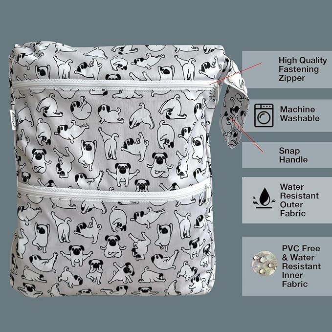 FLOCK THREE 3D Waterproof and Washable Wet Bag Luggage Organiser for Travel storage Stroller Daycare Baby Diapers Yoga Beach Pool Swimsuits Luggage Packing for Travel Accessories (Yoga Pugs)