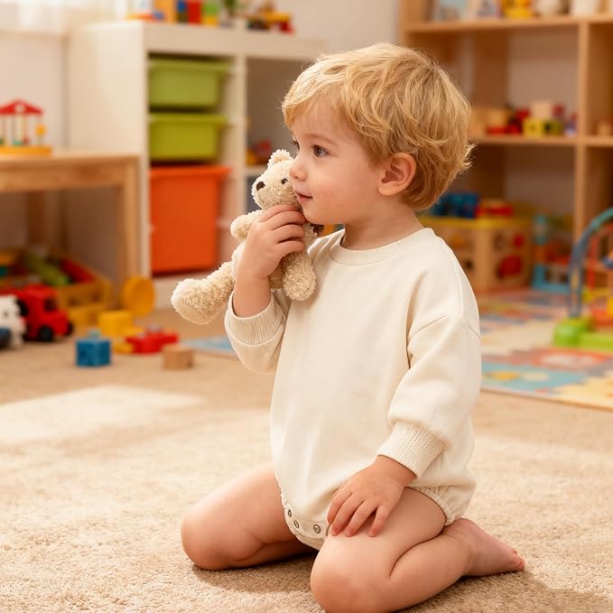 Bafeicao Baby Boy Girl Sweatshirt Romper Organic Cotton Solid Color Long Sleeve Bubble Romper Oversized Warm Fall Winter