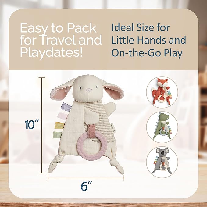 Itzy Ritzy - Bitzy Crinkle Sensory Toy Bunny with Crinkle Sound for Babies & Toddlers - Features Soft Braided Teething Ring & Textured Ribbons, Designed for Ages 0 Months and Up, Bunny