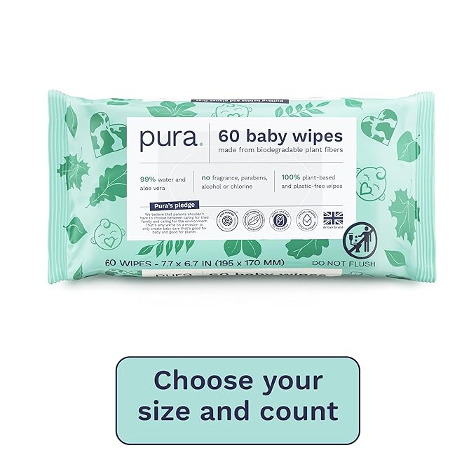 Pura Natural Sensitive Baby Wipes, 99% Water, Unscented & Hypoallergenic, Suitable for Sensitive & Eczema-prone Skin, Hypoallergenic, EWG Verified, 10 Pack of 60 Wet Wipes (600 Diaper Wipes) Bulk Buy