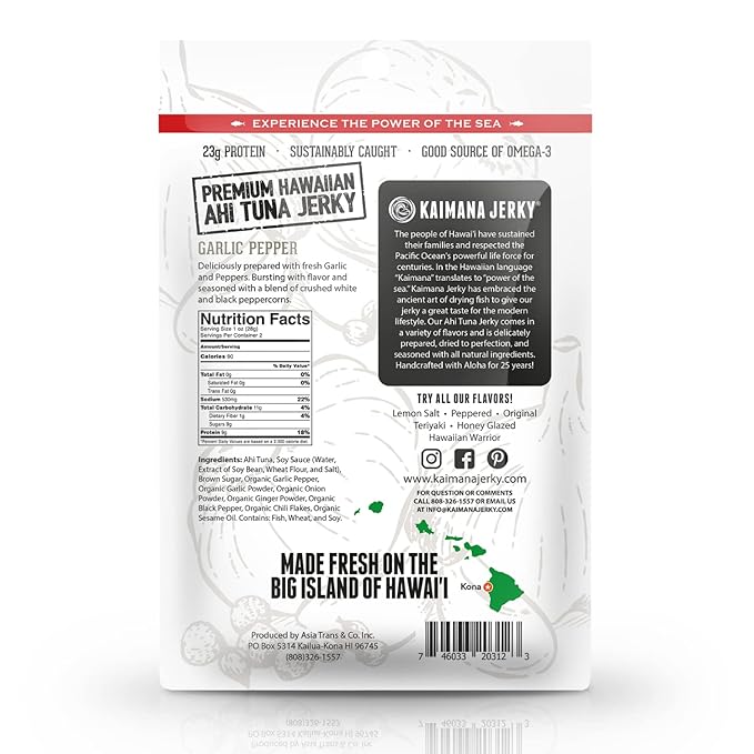 Kaimana Ahi Tuna Jerky Garlic Pepper 2 Ounce - Soft and Tasty - Premium Fish Jerky Made in the USA. High in Omega 3's, All Natural and Wild Caught
