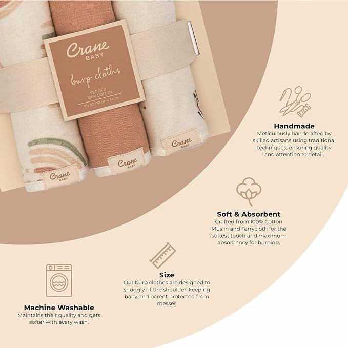 Crane Baby Muslin Baby Burp Cloths, Lightweight Absorbent Burp Cloth, Rainbow/Butterfly, Set of 3, 7” x 20”, Newborn Baby Essentials, Burp Cloths Baby Boy, Burp Cloths Baby Girl, Newborn Essentials