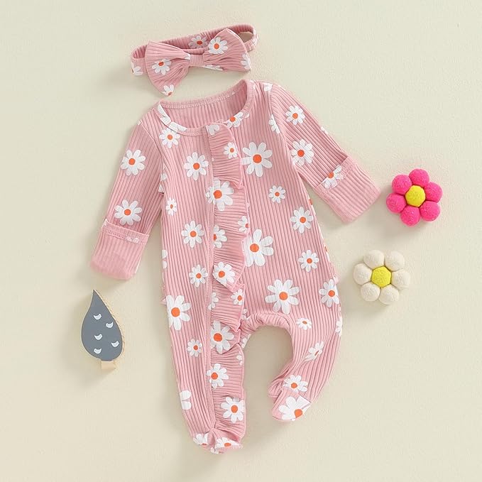 Newborn Girl Clothes Baby Girl Coming Home Outfit Zipper One-piece Outfits Ruffle Footie Bodysuit Jumpsuit Headband