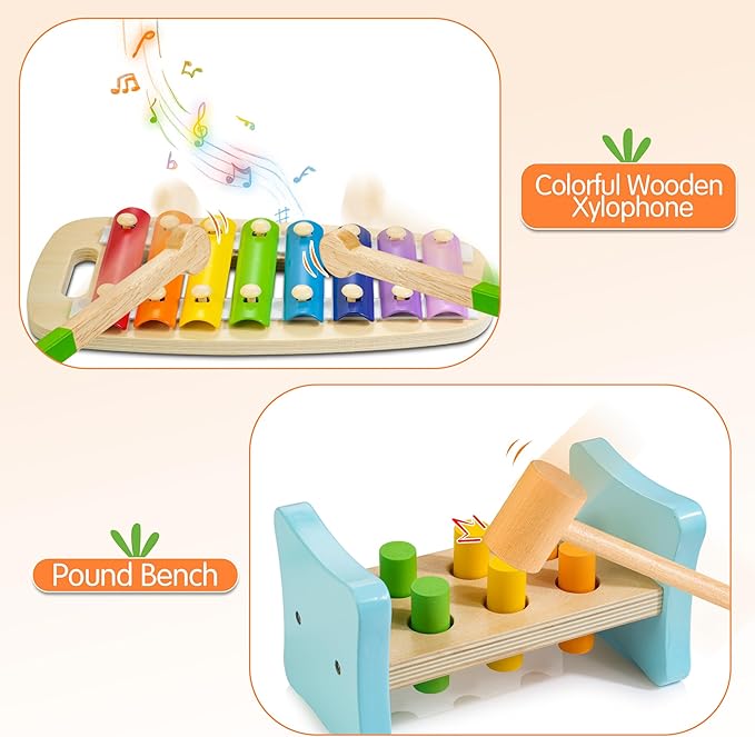 Wooden Montessori Toys for 1+ Year Old, 9 in 1 Learning Educational Toys for Toddler with Educational Box, Xylophone, Pound Bench, Shape Puzzle and More, Baby Toy Gift for 12-18 Months