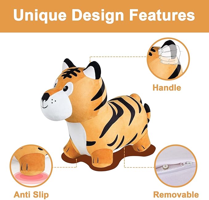 iPlay, iLearn Bouncy Pals Tiger Hopper Toy, Toddler Hopping Horse, Kid Plush Ride on Animal Bouncer W/Pump, Inflatable Bouncing Rider, Indoor Outdoor Jumping Birthday Gift 2 3 4 5 6 Year Old Boy Girl