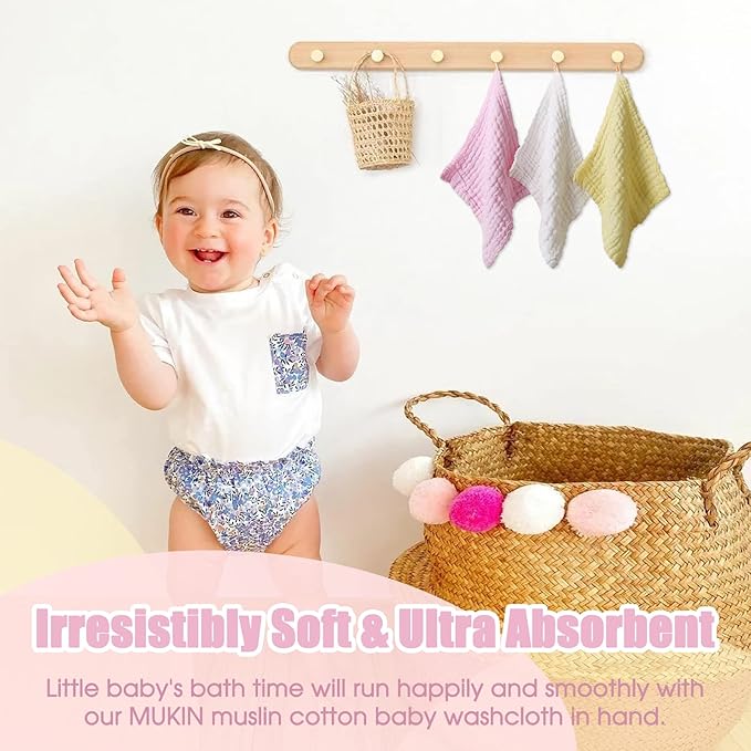 MUKIN Baby Washcloths - Natural Cotton Baby Wipes - Soft Newborn Baby Face Towel for Sensitive Skin- Baby Registry as Shower, 10 Pack 12x12 inches (Pink,Yellow,White)