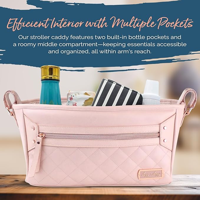 Itzy Ritzy Adjustable Stroller Caddy/Organizer - Stroller Organizer Bag Featuring Front Zippered Pocket, 2 Built-in Interior Pockets & Adjustable Straps to Fit Nearly Any Stroller (Blush)