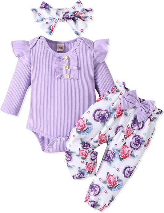 GDTOGRT Baby Girl Clothes Newborn Infant Outfits Ruffle Romper+ Floral Pants + Cute Headband Sets for Girls