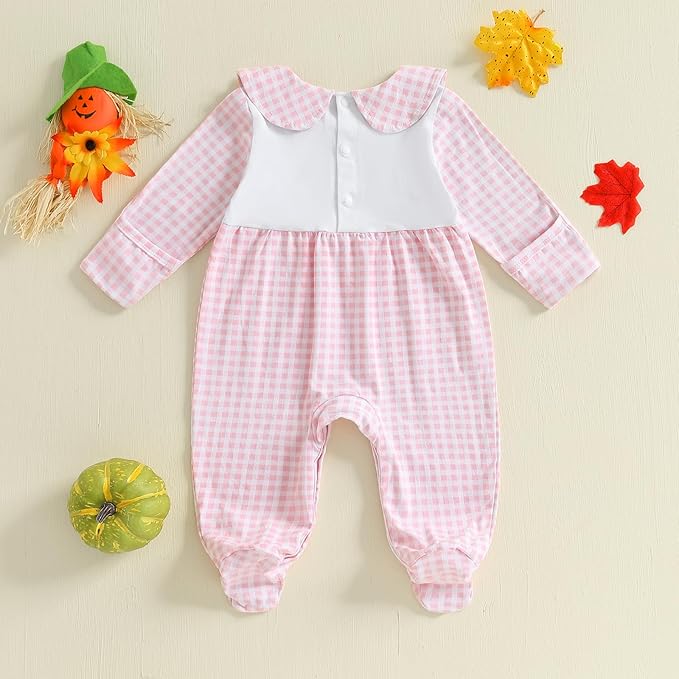 woshilaocai Baby Fall Outfit Boy Girl Plaid Embroidered Collar Romper Footie Infant Halloween Clothes