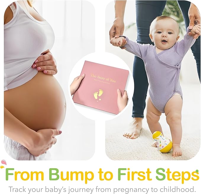 Baby Memory Book First 5 Year Boy or Girl Keepsake Journal Photo Albums Scrapbook, Gifts for Baby Shower First Time Mom New Parents (Footprint - Pink)