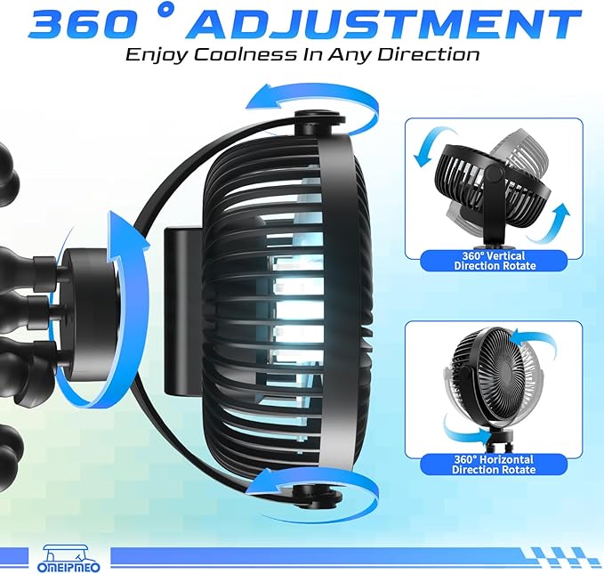Rechargeable Golf Cart Fan, 12000mAh Stroller Fan, Adjustable 4 Speeds, LED Light, Power Bank, 360° Rotation, Portable Clip on Fans with Flexible Tripod for Club Car EZGO Yamaha