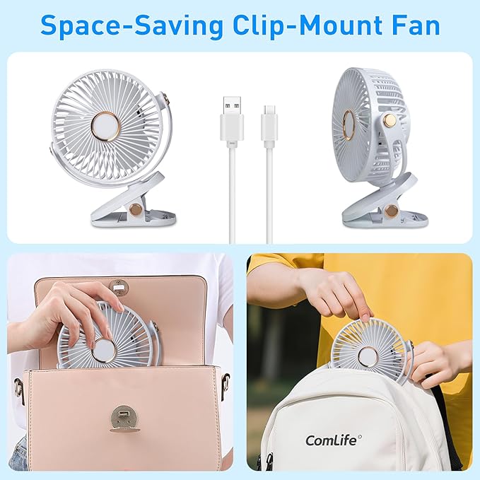HUO JI Portable Clip on Fan 5 Speeds 360° Dual Rotation Brushless Motor Ultra Quiet <20dB LED Light USB Rechargeable