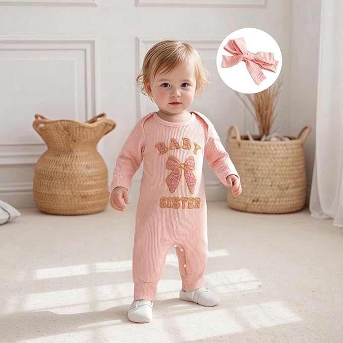 WZTYYDS Newborn Baby Girl Clothes Ribbed Romper Print Long Sleeve Jumpsuits Bow Headband Set Infant One-piece Outfits