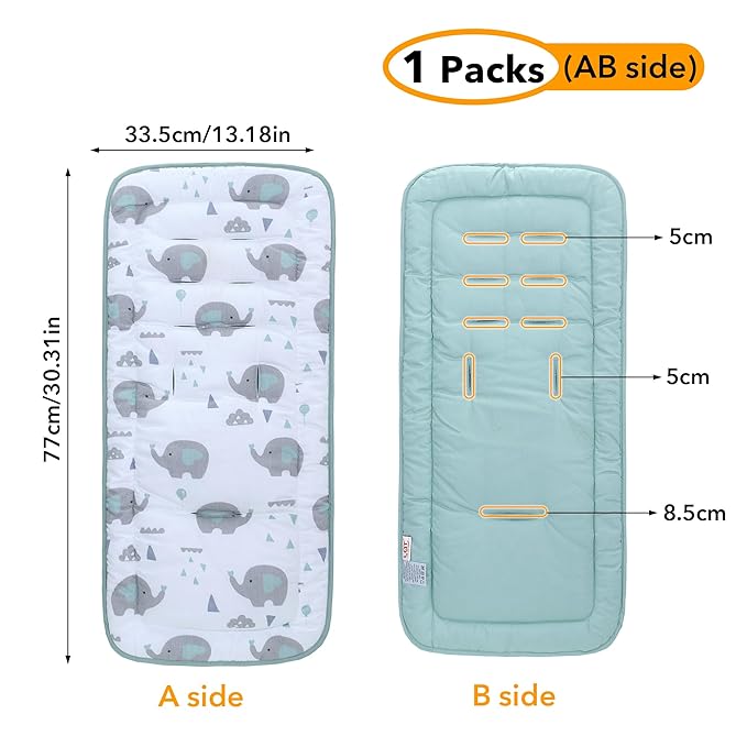 Baby Stroller Cushion,Infant Car Seat Insert-Reversible Universal Breathable and Soft Newborn Stroller Mat,100% Cotton Cover Toddler Seat Pad Liner-34x78cm,1 Pack(Elephant Green+White)