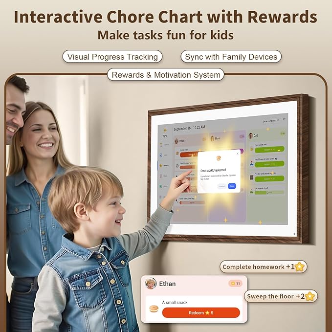 15.6 Inch Digital Calendar Chore Chart with Touchscreen - Full HD Interactive Display, Wall & Desk Mountable Family Planner, To-Do List & Meal Planner, Digital Picture Frame for Sharing Photos via App