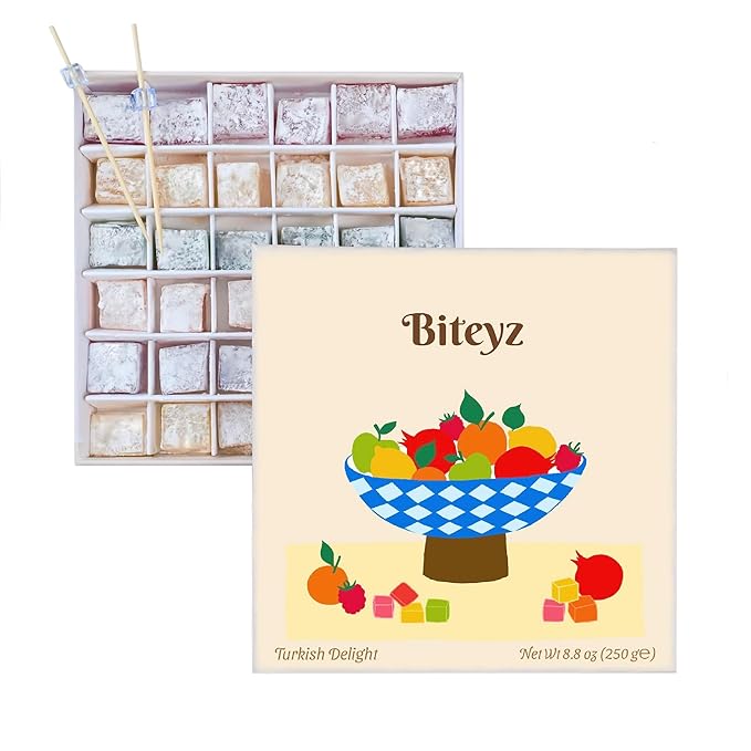 Biteyz Original Turkish Delight, Vegan Candy Gift Box - Assorted Gourmet Fruit Snacks with Lemon, Apple, Orange, Pomegranate, and Raspberry Flavors, 36 Pieces of Luxury Handmade Vegan Treats