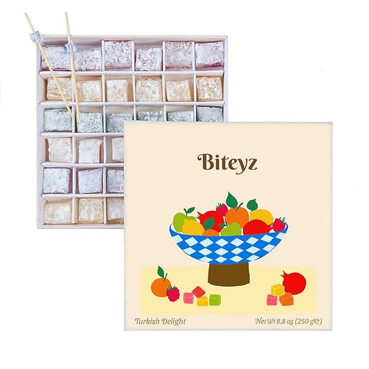 Biteyz Original Turkish Delight, Vegan Candy Gift Box - Assorted Gourmet Fruit Snacks with Lemon, Apple, Orange, Pomegranate, and Raspberry Flavors, 36 Pieces of Luxury Handmade Vegan Treats