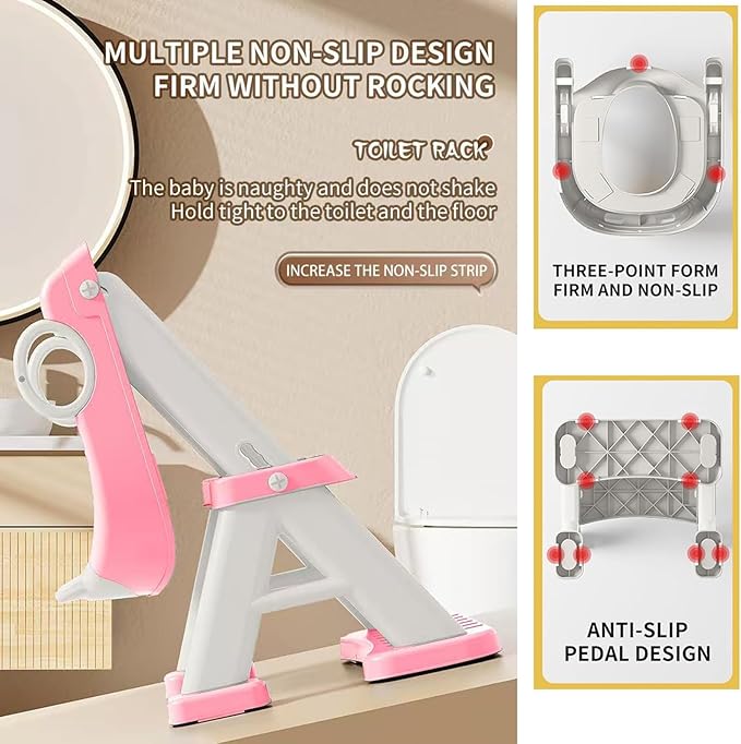 PandaEar Toilet Potty Training Seat with Step Stool Ladder, Comfortable Safe Potty Seat with Anti-Slip Pads Ladder & Bear Design for Kids Boys Toddlers -Pink