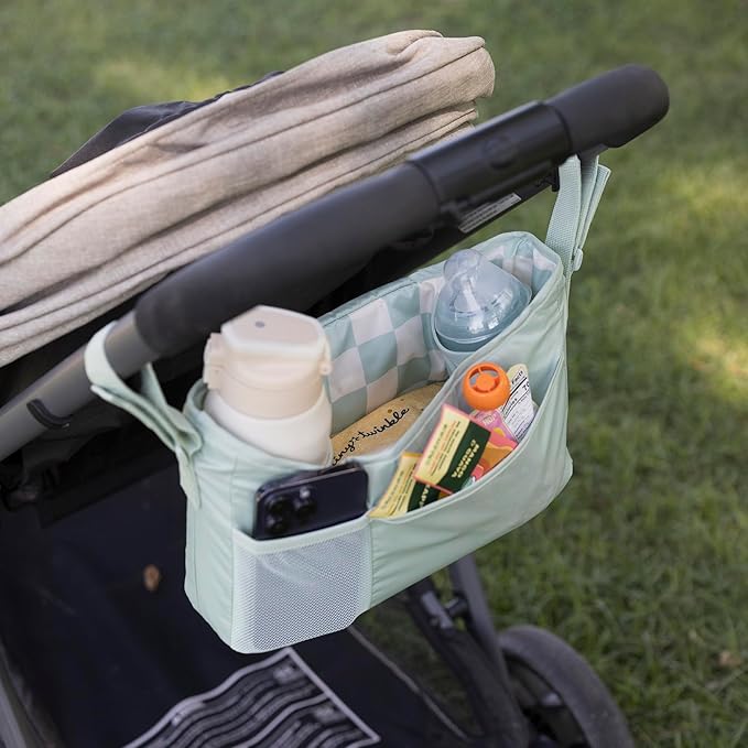 Tiny Twinkle Universal Stroller Organizer with Adjustable Strap - Waterproof Caddy Fits Baby Jogger, Nuna, Graco, Donna and Bugaboo Stroller | Sage Checkers