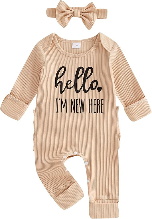 Newborn Baby Girls Rompers Knit Round Neck Long Sleeve Infant Fall Jumpsuits with Headband Coming Home Outfit