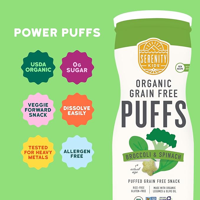 Serenity Kids 6+ Months Grain-Free Allergen-Safe Puffs for Toddlers & Babies - No Grains, Gluten, Nuts, Rice - Organic Veggies, Legumes, Olive Oil (1.5 Ounce (Pack of 6), Broccoli & Spinach)