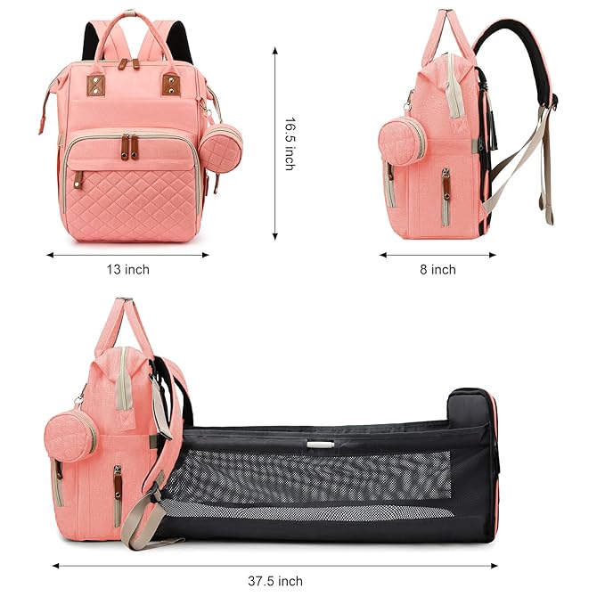 Diaper Bag with Changing Station, Waterproof Baby Bags for Boys & Girls, USB Charging Port for Parents, Must-Have Baby Essentials & Lovely Baby Shower Gifts, Pink