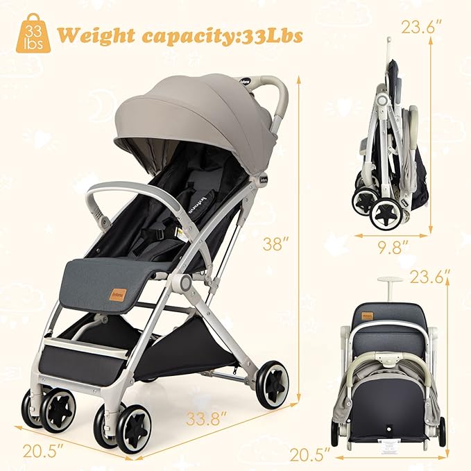 INFANS Lightweight Baby Stroller, Compact with One-Hand Fold, Travel Stroller for Airplane with Cup Holder, 5-Point Harness, Foot Cover, Canopy, Infant for 0-36 Month (Grey)