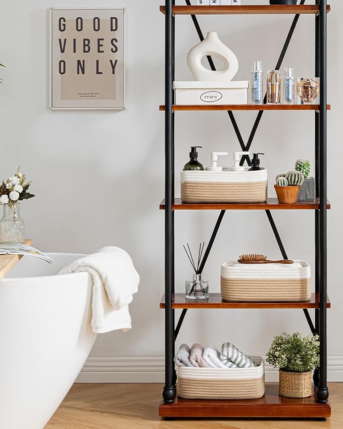 Small Woven Basket, 12 x 8 x 4.5 Inches, Storage Basket for Organizing, Cute Small Rope Shelf Closet Cube Storage Bins Baskets for Shelves, Dog Toy Gift Baskets Empty, 3 Pack White & Brown