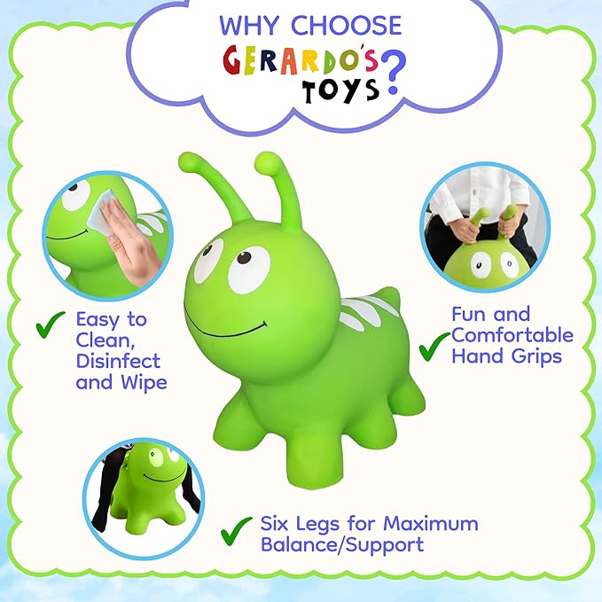 Jumpy Inflatable Bouncer - Animal Ride on Toy for Kids, Toddler’s, Boys, and Girls – Stable and Durable for Indoor and Outdoor Play, Pump and Birth Certificate Included - Green WORMY