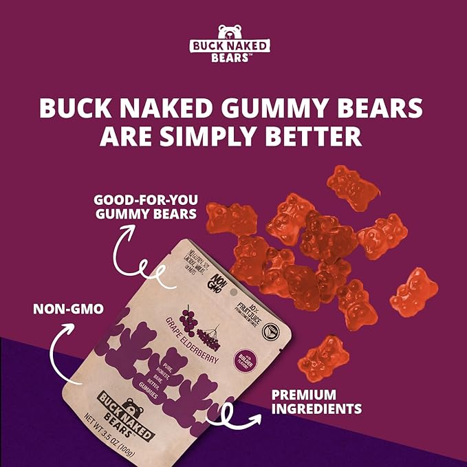 Buck Naked Bears - Grape Elderberry Gummy Bears - Soft, Smooth, and Sweeter Like a Fruit Snack - Plant-Based Gummies Good Snack Choice - Non-GMO - Clean Label Gummy Candy, Vegan - 3.5oz 3-Pack