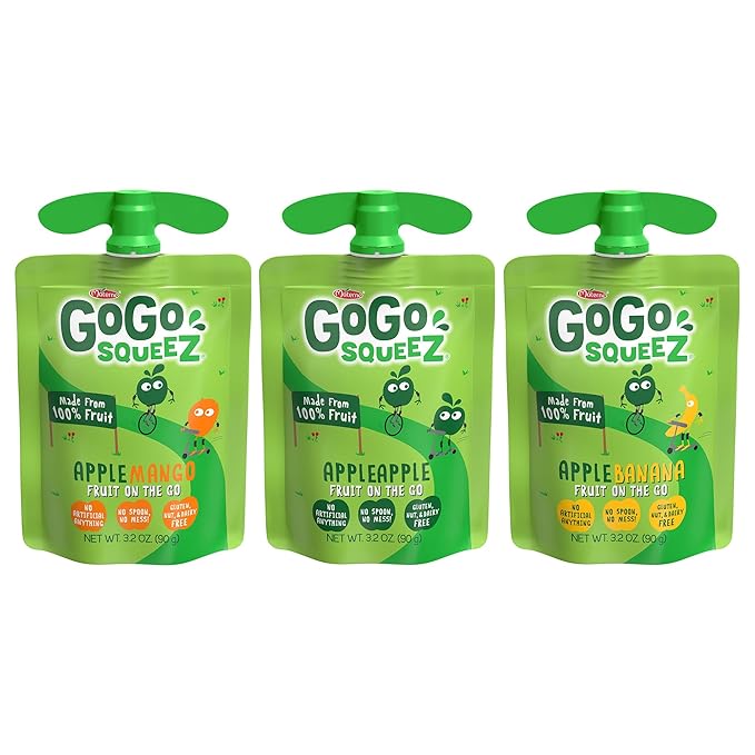 GoGo squeeZ Applesauce and Fruit Puree Variety Pack, Apple, Mango & Banana, 3.2 oz (Pack of 20), Unsweetened Fruit Snacks for Kids, Gluten Free, Nut Free and Dairy Free, BPA Free Pouches