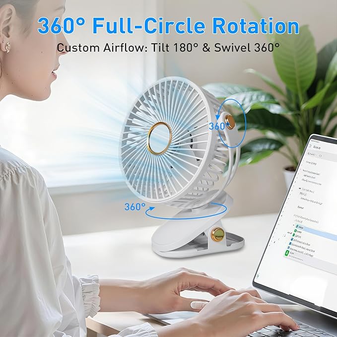 HUO JI Portable Clip on Fan 5 Speeds 360° Dual Rotation Brushless Motor Ultra Quiet <20dB LED Light USB Rechargeable