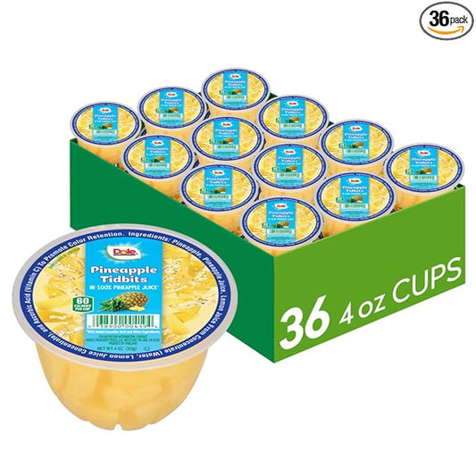 Dole Fruit Bowls Pineapple Tidbits in 100% Juice Snacks, 4oz 36 Total Cups, Gluten & Dairy Free, Bulk Lunch Snacks for Kids & Adults