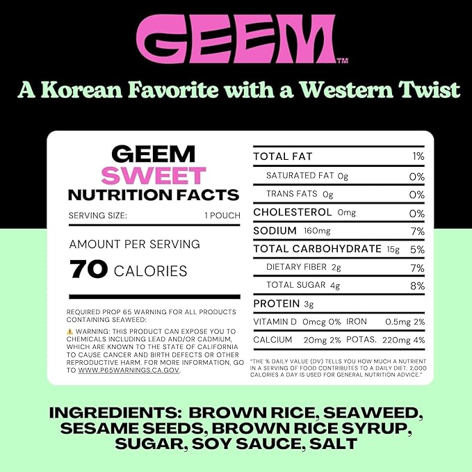 GEEM Seaweed Snacks – Korean Seaweed Chips with Rice Crisps & Sesame | Crunchy, Oil-Free Snack | Vegan, Non-GMO | Great for Kids & Adults | Sweet 4-Pack