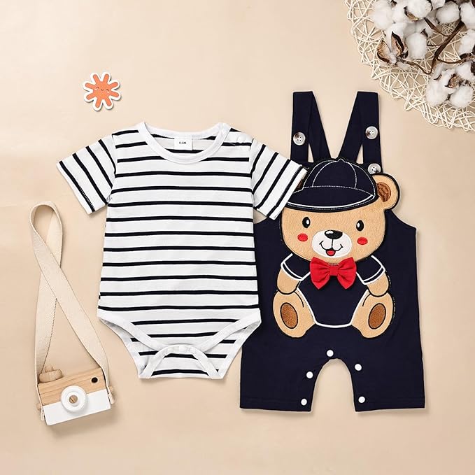 Baby Boy Clothes Newborn Outfits Stripe Romper Infant Cartoon Overall Adjustable Suspender Pants Set 0-18 Months