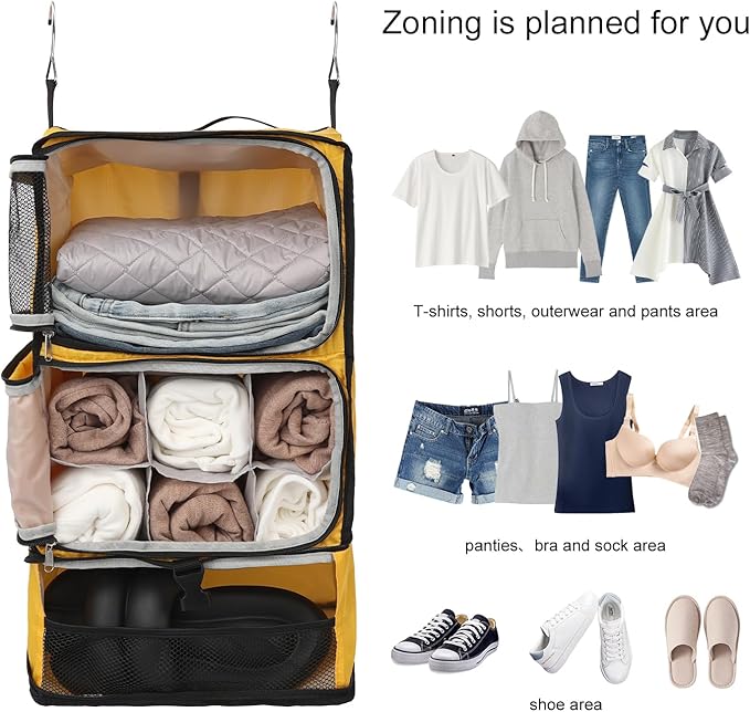 TABITORA Travel Portable Hanging Shelves Closet Organizer Packing Luggage Storage with Multifunctional and Foldable Invisible Compartment,Lightweight, for Suitcase, RV,Closet…Yellow,XL