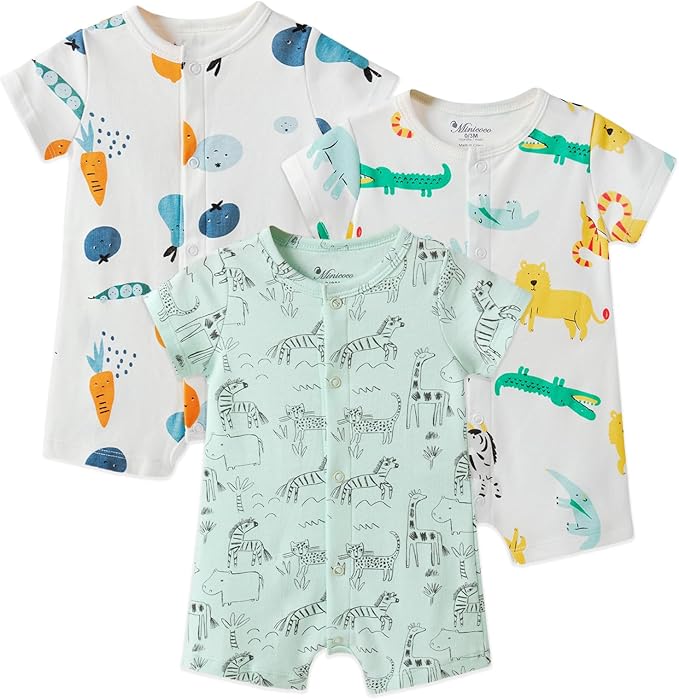 3-Pack 100% Cotton Baby Boy Rompers,0-24Months Short Sleeve Toddler Romper,Breathable Spring/Summer Clothes